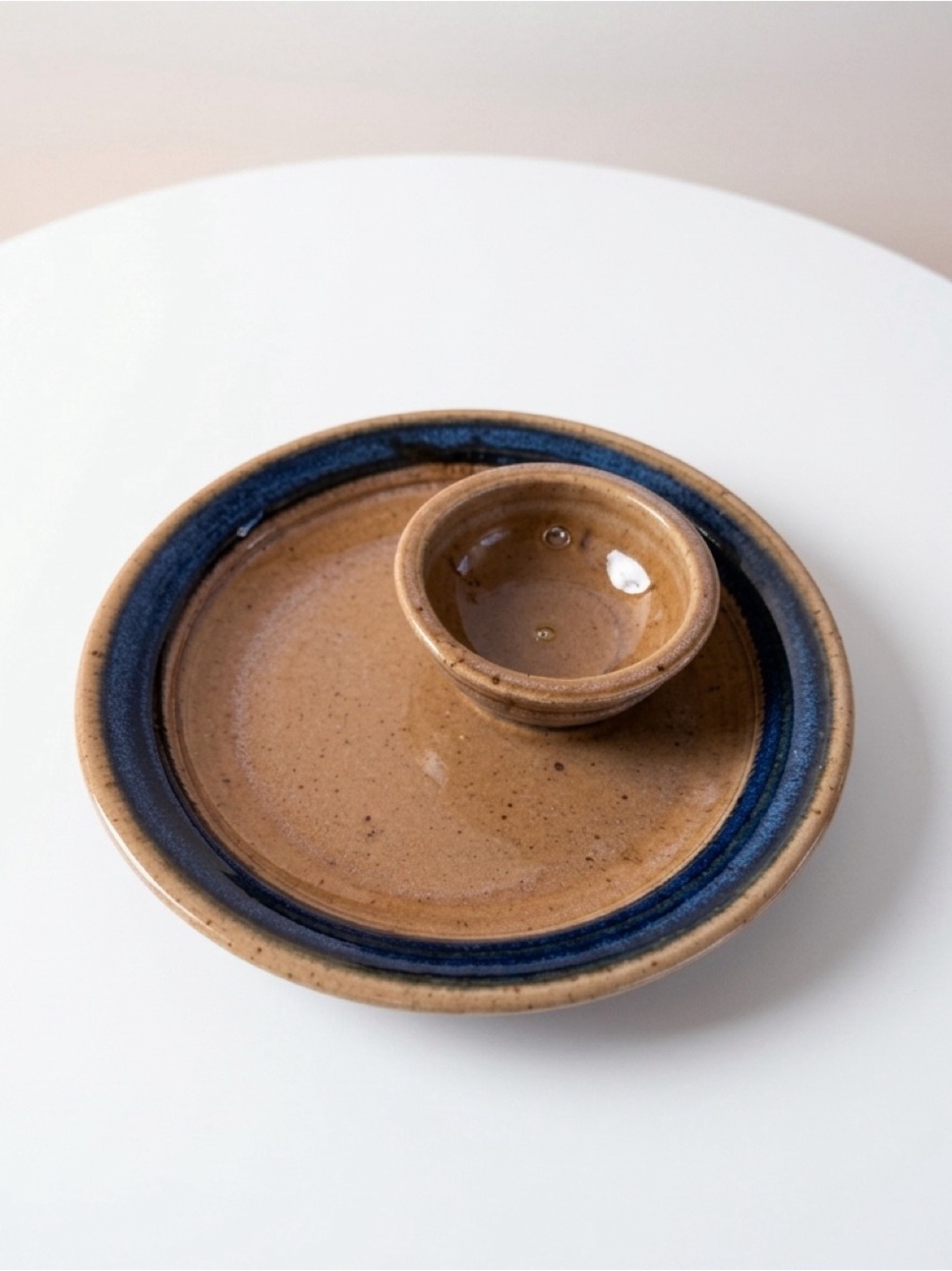HANDMADE CERAMIC POTTERY‎ SALSA DIP CHIPS SERVING DISH BLUE SPECKLED BROWN GLAZE